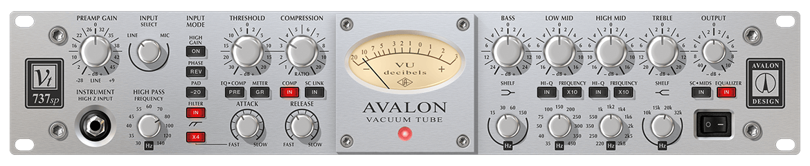 UAD Avalon VT-737 Tube Channel Strip の画面。左からプリアンプ(PREAMP GAIN・HIGH PASS)、コンプ(THRESHOLD・COMPRESSION・ATTACK・RELEASE)、中央に VU メーター、右に4バンドEQ(BASS・LOW MID・HIGH MID・TREBLE)と OUTPUT(Universal Audio 公式の画像)