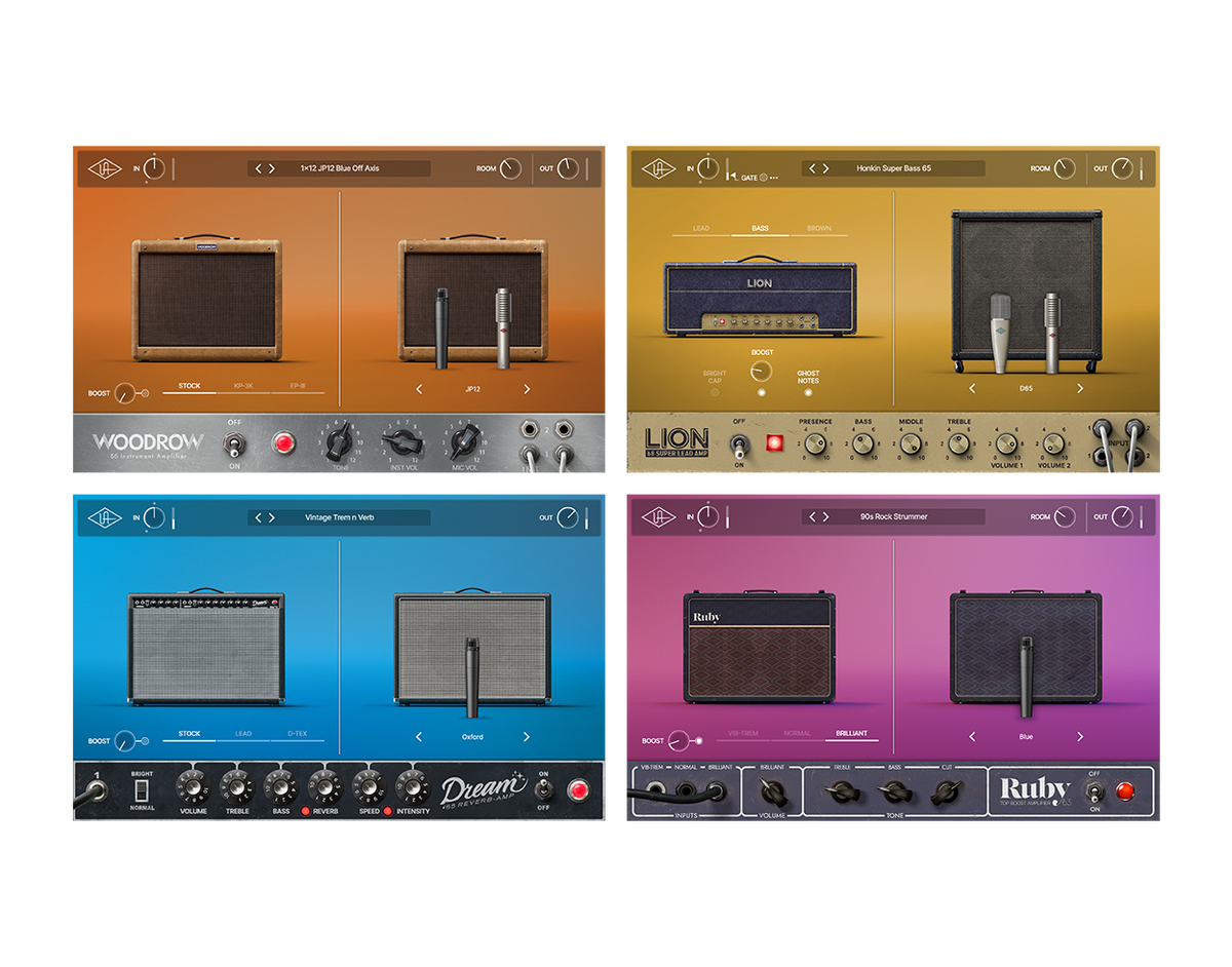 Universal Audio公式のUAD Guitar Amp Bundleの画像。Woodrow '55・Lion '68・Dream '65・Ruby '63の4つのアンプの画面が並ぶ
