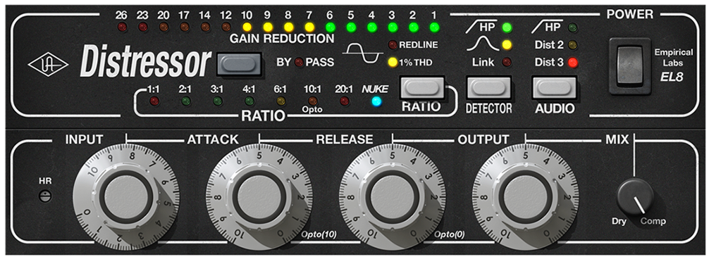 UADx Empirical Labs EL8 Distressorの画面。上にRATIO・DETECTOR・AUDIOのボタン、下にINPUT・ATTACK・RELEASE・OUTPUTのつまみとMIX