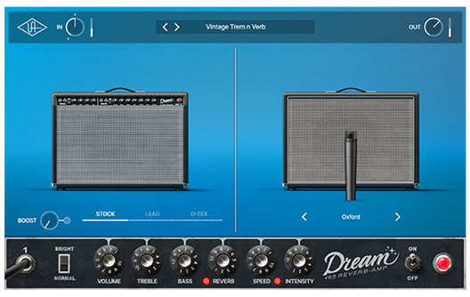 UAD Dream '65 Reverb Amplifierの画面。銀色のパネルのコンボアンプ、下にVOLUME・TREBLE・BASS・REVERB・SPEED・INTENSITYのつまみ