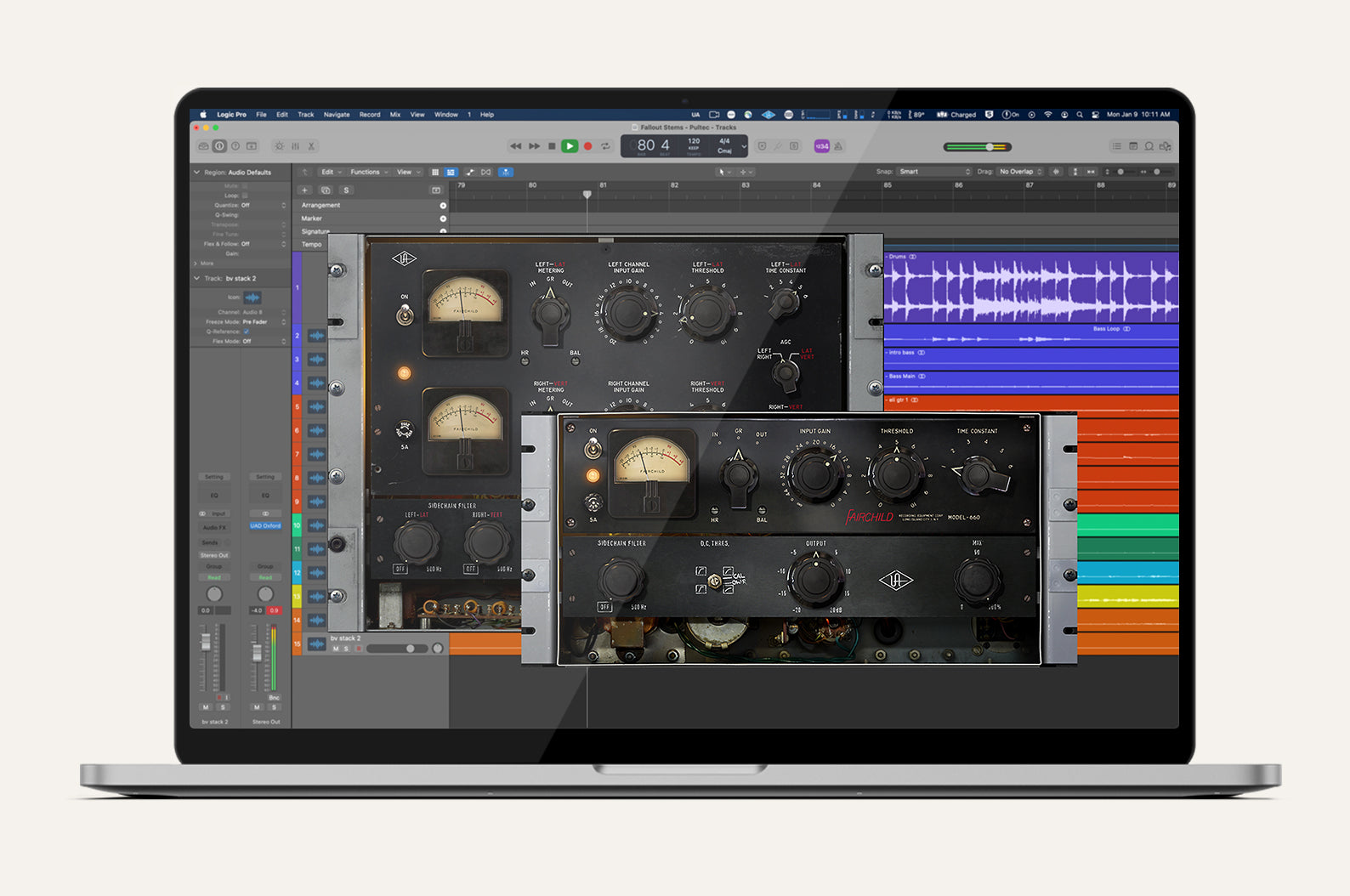 Logic Pro の画面に Fairchild 670 と 660 を開いた様子(Universal Audio 公式の画像)