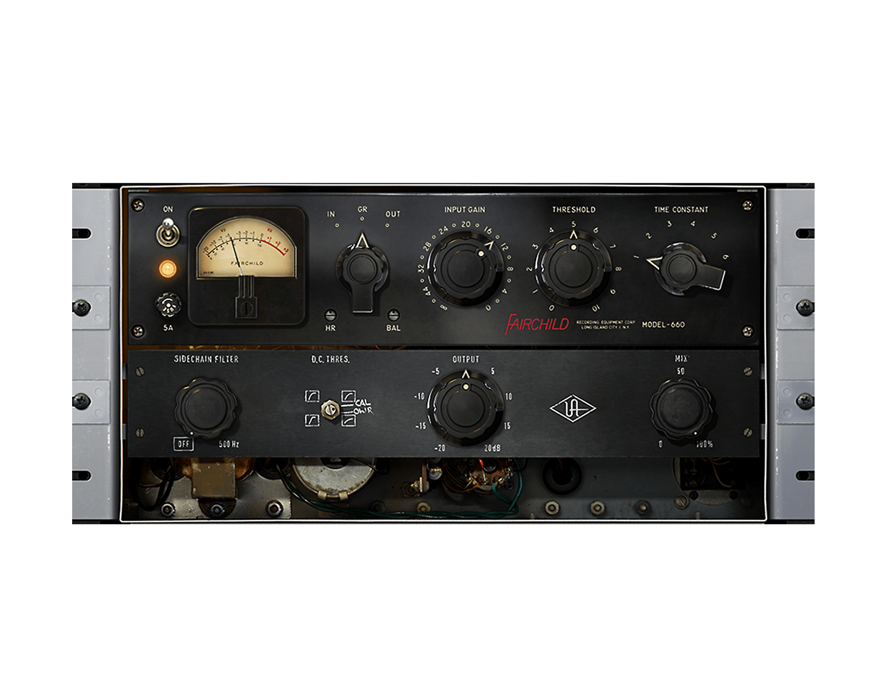 Fairchild 660 の画面。VU メーター1つと INPUT GAIN・THRESHOLD・TIME CONSTANT、下の段に SIDECHAIN FILTER・OUTPUT・MIX(Universal Audio 公式の画像)