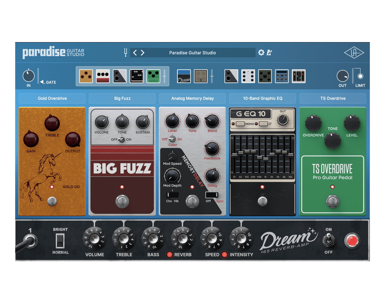 Paradise Guitar Studioのペダルの画面。Gold Overdrive・Big Fuzz・Analog Memory Delay・10-Band Graphic EQ・TS Overdriveが並び、下にDream '65のつまみ(Universal Audio公式の画像)