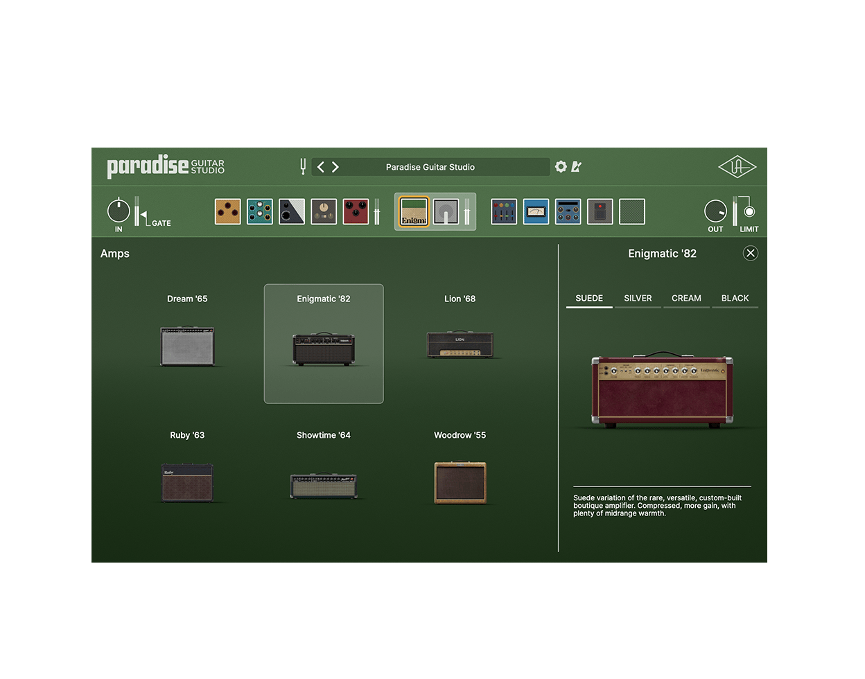 Paradise Guitar Studioのアンプを選ぶ画面。Dream '65・Enigmatic '82・Lion '68・Ruby '63・Showtime '64・Woodrow '55が並び、右にEnigmatic '82のSUEDE・SILVER・CREAM・BLACKの切り替え(Universal Audio公式の画像)