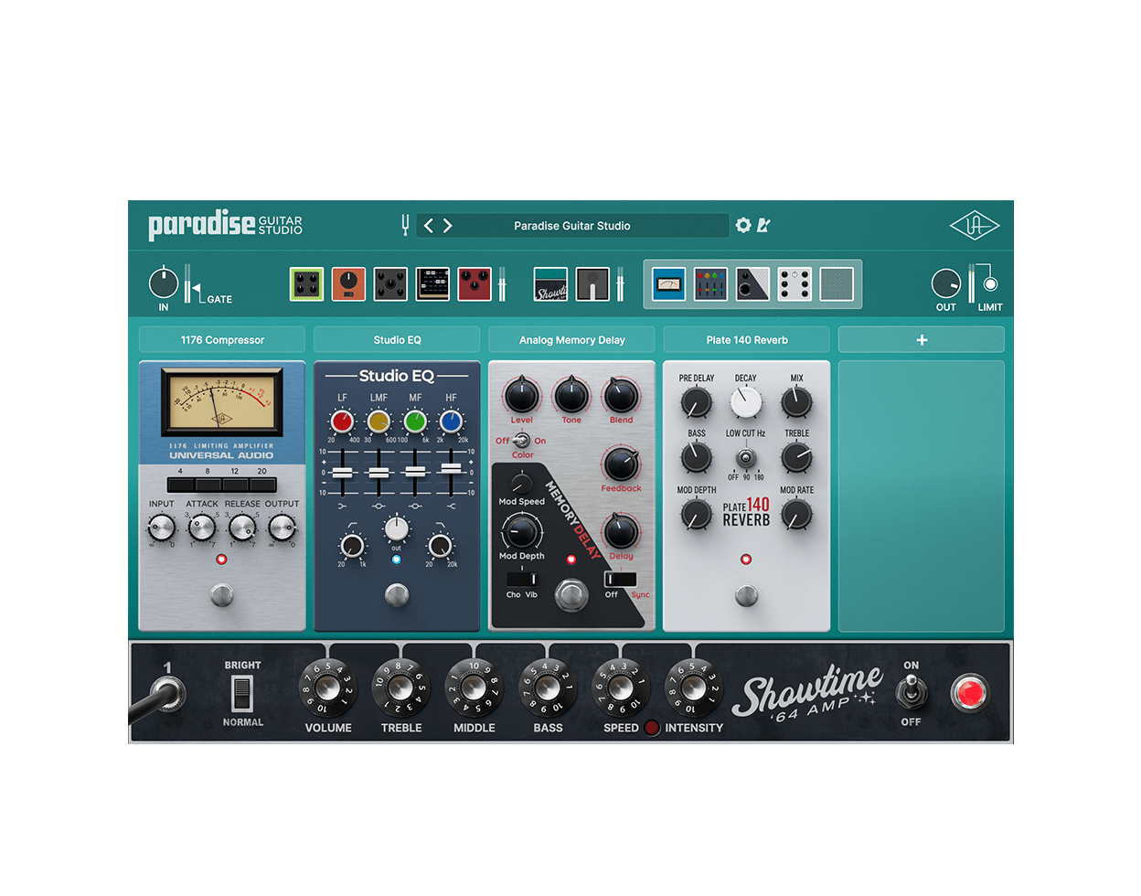 Paradise Guitar Studioのスタジオ機材の画面。1176 Compressor・Studio EQ・Analog Memory Delay・Plate 140 Reverbが並び、下にShowtime '64のつまみ(Universal Audio公式の画像)