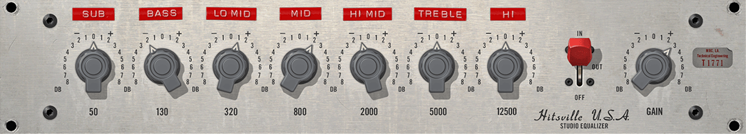 UADx Hitsville EQ の画面。SUB 50・BASS 130・LO MID 320・MID 800・HI MID 2000・TREBLE 5000・HI 12500 の7つのつまみと、IN/OUT のスイッチ、GAIN が並ぶ（Universal Audio 公式の画像）