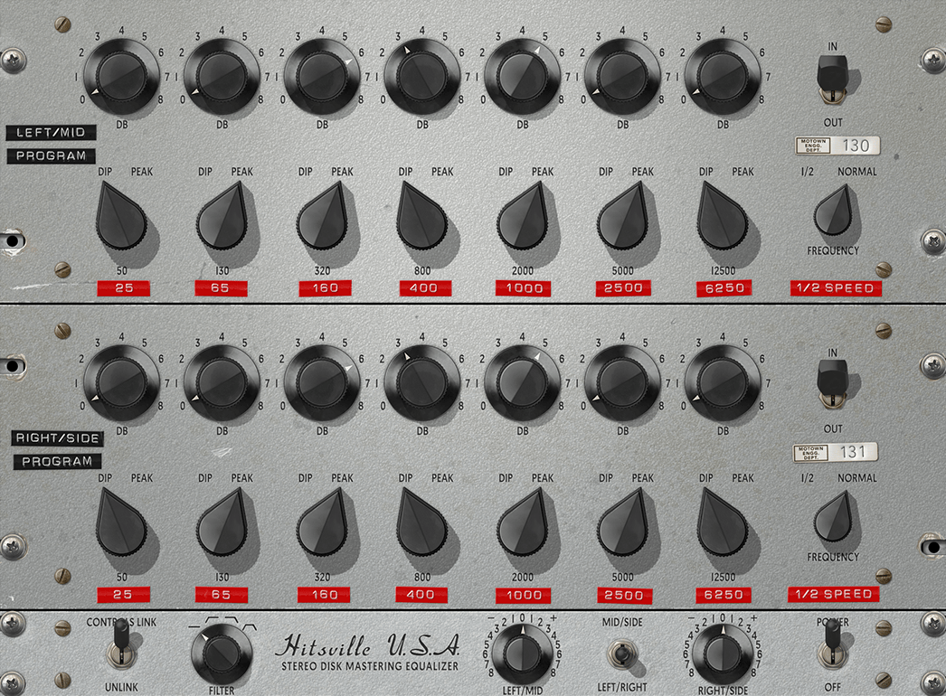 UADx Hitsville Mastering EQ の画面。上下に LEFT/MID と RIGHT/SIDE の7バンド、各バンドの DIP/PEAK、1/2 SPEED の切り替え、下段に FILTER と MID/SIDE・LEFT/RIGHT のスイッチ（Universal Audio 公式の画像）