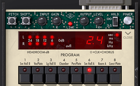 UADx Lexicon 224の上のパネルを開いた画面。PITCH SHIFT・INPUT GAIN・OUTPUT LEVEL・HOLDのつまみと、8つのプログラムのボタン（Universal Audio 公式の製品画像）