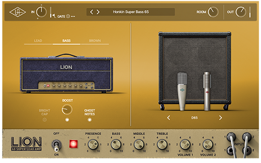 UAD Lion '68 Super Lead Ampの画面。アンプヘッドとキャビネット、LEAD・BASS・BROWNの切り替えとPRESENCE・BASS・MIDDLE・TREBLEのつまみ