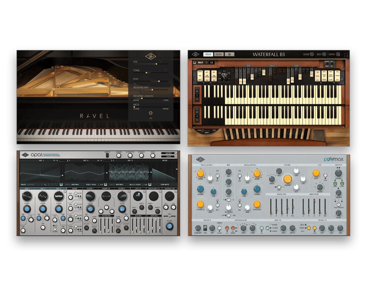 LUNA Studio に入っている UAD の音源。Ravel・Waterfall B3・Opal・PolyMAX（Universal Audio 公式より）