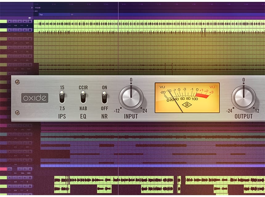 DAW のトラックの上に Oxide Tape Recorder のパネルを重ねた画像（Universal Audio 公式の画像）