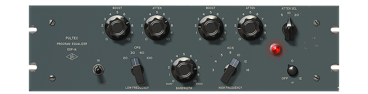 UADx Pultec EQP-1Aの画面。左右にBOOSTとATTENのつまみが2組、下に低域(20・30・60・100CPS)と高域(3〜16KCS)を選ぶスイッチ(Universal Audio 公式の製品画像)