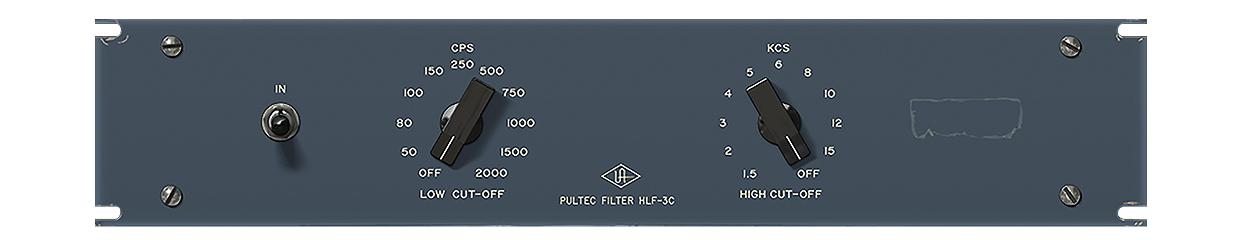 UADx Pultec HLF-3Cの画面。左がLOW CUT-OFF（50〜2000CPS）、右がHIGH CUT-OFF（1.5〜15KCS）のフィルター（Universal Audio 公式の製品画像）