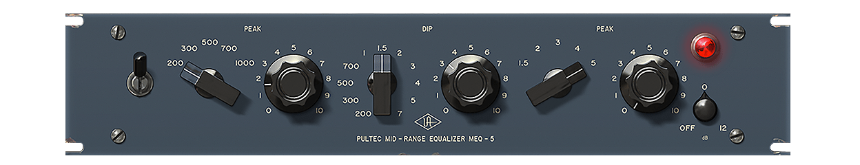 UADx Pultec MEQ-5の画面。左から中域のPEAK（200〜1000Hz）、DIP（200Hz〜7kHz）、高めのPEAK（1.5〜5kHz）の3つ（Universal Audio 公式の製品画像）