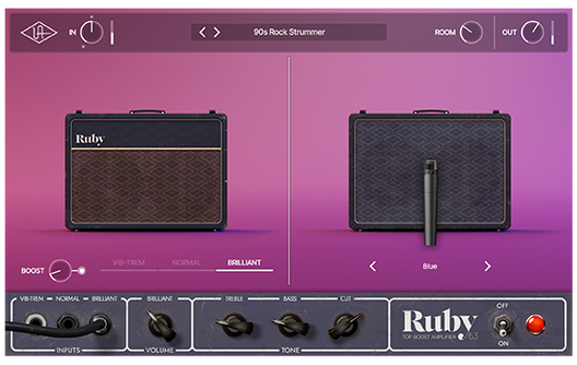 UAD Ruby '63 Top Boost Amplifierの画面。英国製のコンボアンプとキャビネット、下にBRILLIANT・TREBLE・BASS・CUTのつまみ