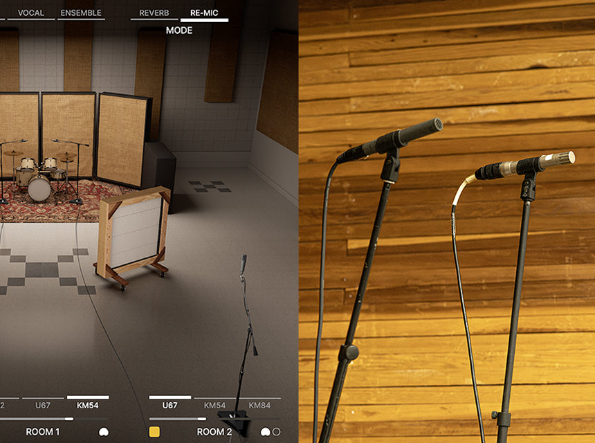 Sound City Studios の RE-MIC の画面と、部屋に立てたマイクの写真。ROOM 1・ROOM 2 でマイクを選べる（Universal Audio 公式の画像）