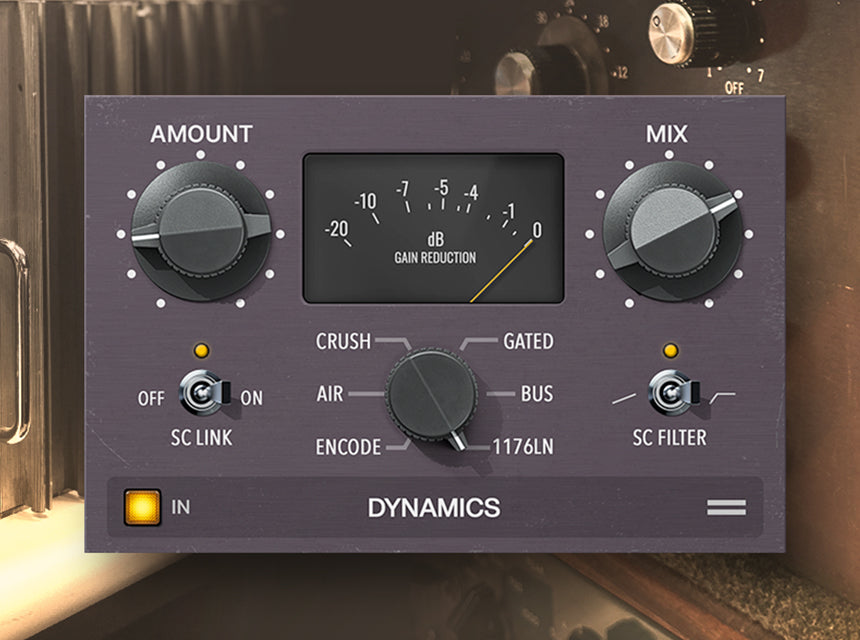 Sound City Studios の DYNAMICS。CRUSH・AIR・ENCODE・1176LN・BUS・GATED を切り替えるつまみ（Universal Audio 公式の画像）