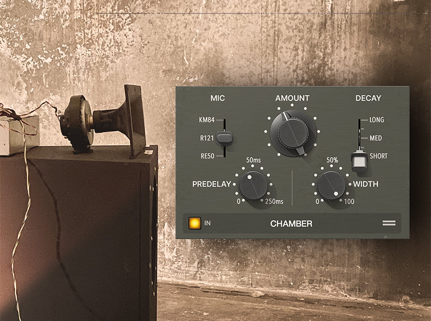 Sound City Studios の CHAMBER（エコーチェンバー）。マイク・AMOUNT・DECAY・PREDELAY・WIDTH（Universal Audio 公式の画像）