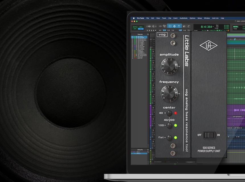 DAW の画面に Voice of God を開いた様子。後ろにスピーカーのコーン(Universal Audio 公式の画像)