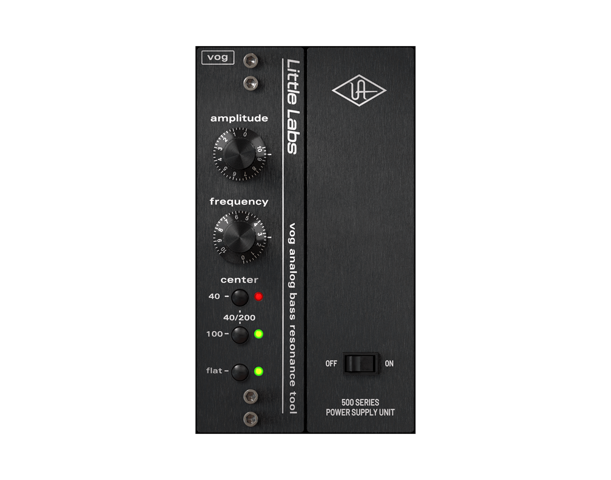 Little Labs Voice of God の画面。amplitude と frequency のつまみ、center の切り替えボタン(40・100・40/200)と flat のボタンが並ぶ(Universal Audio 公式の画像)