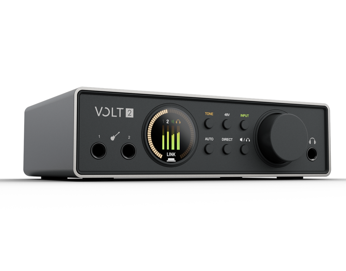 Universal Audio Volt 2 Gen 2 の前面。中央の丸いディスプレイとTONEボタン、右に大きな音量つまみ（UA公式の製品画像）