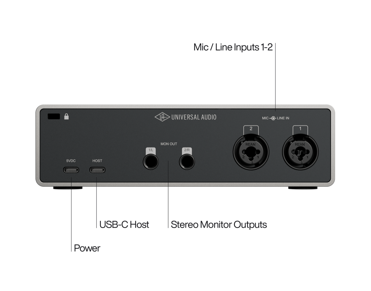 Volt 2 Gen 2 の背面。出力はMON OUTの1/Lと2/Rの2つ、入力はマイク・ライン兼用の2つ（UA公式の製品画像）
