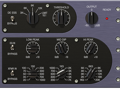 Manley VOXBOXの右側。上がDE ESS（3K〜12K・LIMIT 10:1）とTHRESHOLD、下がLOW PEAK・MID DIP・HI PEAKの3バンドのパッシブEQ（Universal Audio 公式の製品画像より切り抜き）