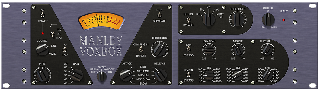 UADx Manley VOXBOX Channel Stripの画面全体。左から真空管プリアンプ（INPUT・GAIN）、VUメーター、光学式コンプ（THRESHOLD・ATTACK・RELEASE）、右上にディエッサー/リミッター、右下に3バンドのパッシブEQ（Universal Audio 公式の製品画像）