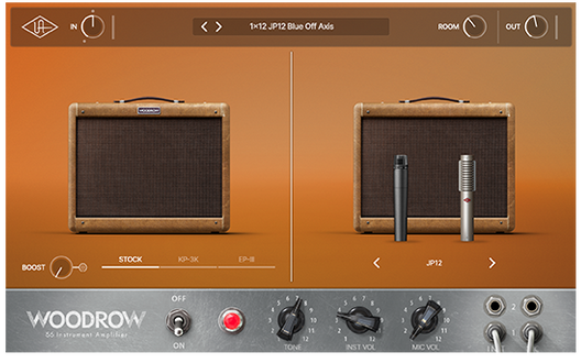 UAD Woodrow '55 Instrument Amplifierの画面。ツイード張りの小型アンプとマイクの位置、下にTONE・INST VOL・MIC VOLのつまみ
