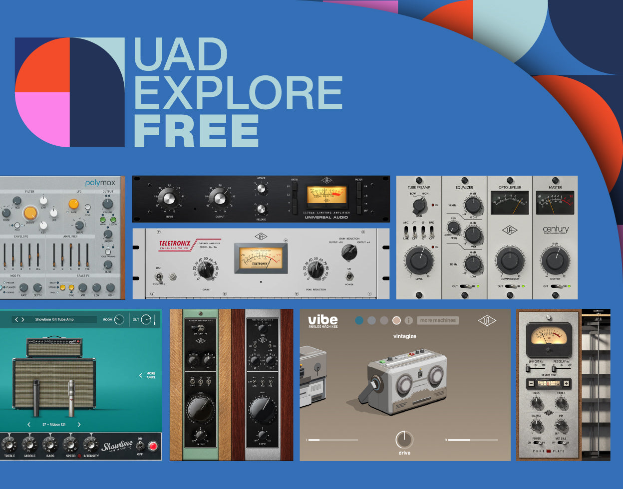 UAD Explore FREE に入っている8本のプラグインの画面（Universal Audio 公式より）