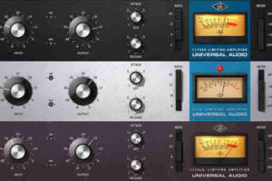 UADx 1176 Classic Limiter Collection の画面。上から 1176AE・Rev E（Blackface）・Rev A（Bluestripe）の3台が並ぶ（Plugin Boutique の製品画像）
