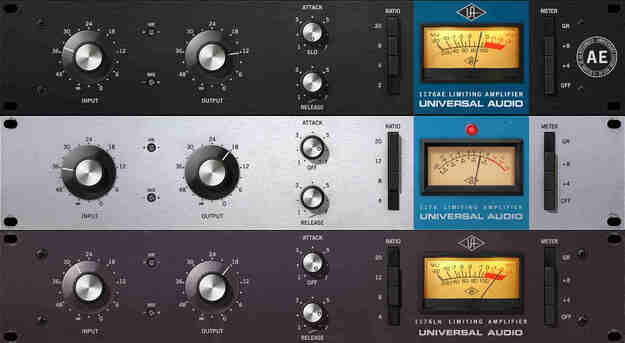 UADx 1176 Classic Limiter Collection の画面。上から 1176AE・Rev E（Blackface）・Rev A（Bluestripe）の3台が並ぶ（Plugin Boutique の製品画像）