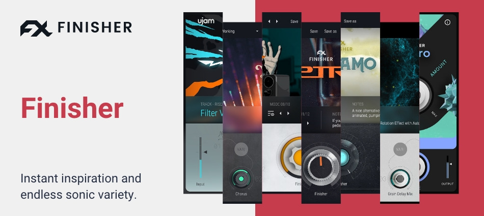 UJAM Finisher Bundle の画像。Finisher シリーズの画面が並んでいる（Plugin Boutique の製品画像）