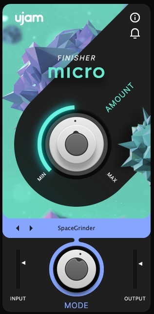 UJAM Finisher MICRO の画面。AMOUNT と MODE の2つのつまみだけの無料版（Plugin Boutique の製品画像）