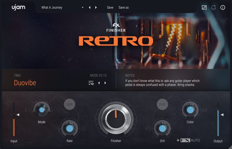 UJAM Finisher RETRO の画面。中央の大きな Finisher つまみと、Mode・Rate・Grit・Color のつまみが並ぶ（Plugin Boutique の製品画像）