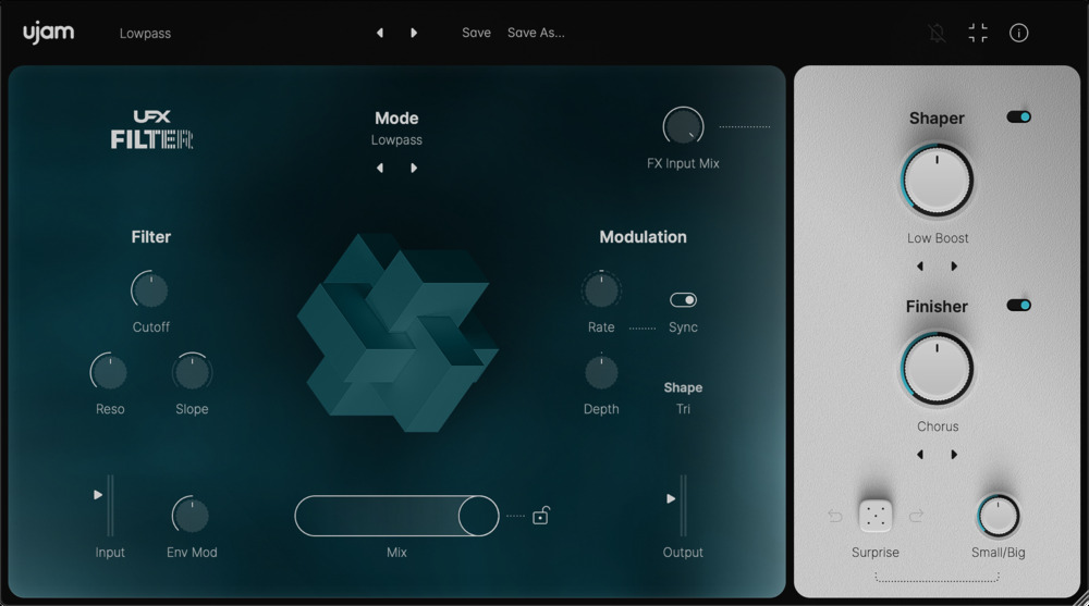 UJAM UFX FILTER の画面。左に Filter と Modulation、右に Shaper と Finisher のつまみが並ぶ（Plugin Boutique の製品画像）
