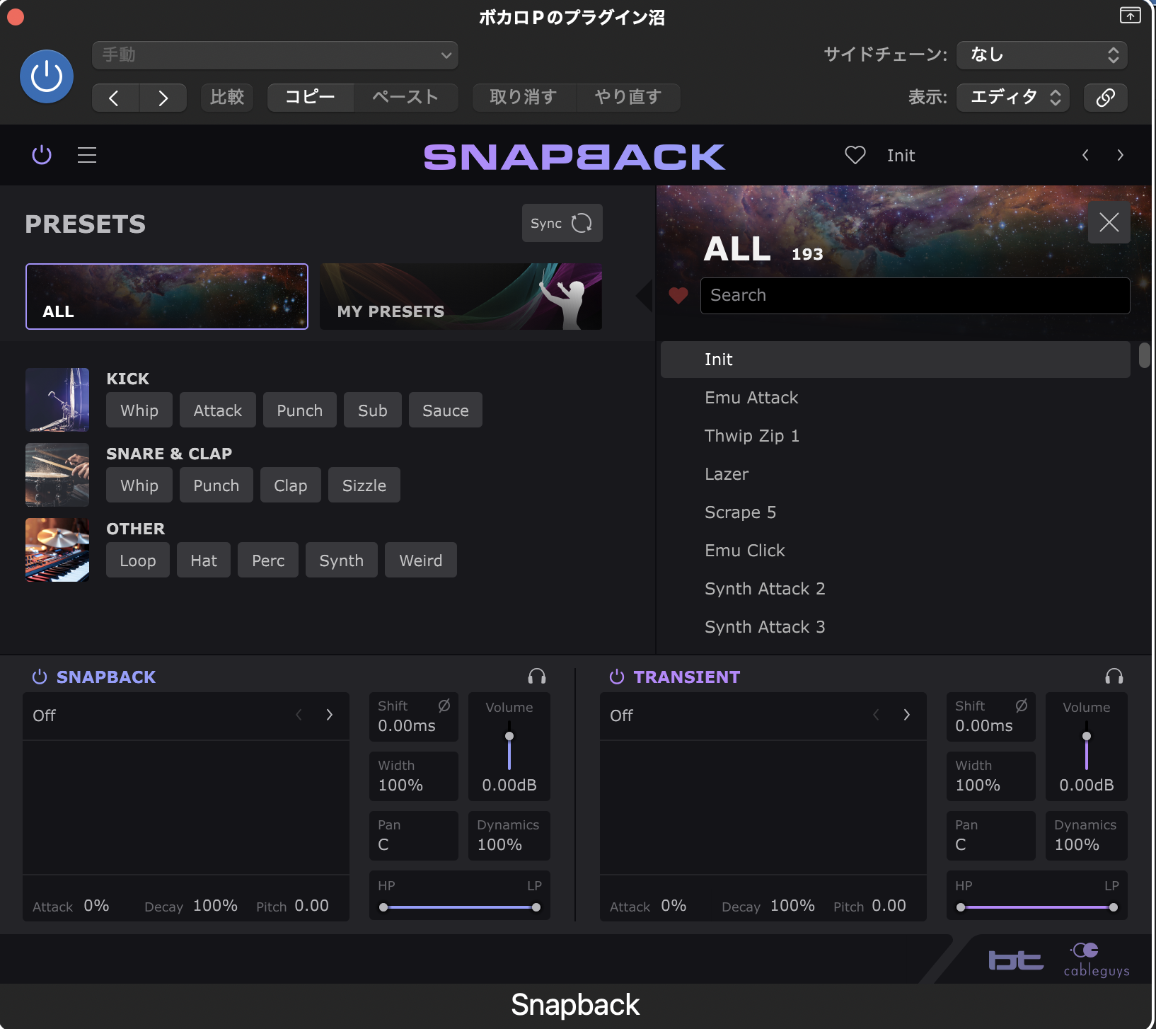 SnapbackのPRESETS。KICK（Whip・Attack・Punch・Sub・Sauce）、SNARE & CLAP（Whip・Punch・Clap・Sizzle）、OTHER（Loop・Hat・Perc・Synth・Weird）に分かれている