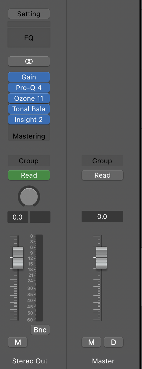 LogicのStereo Outのインサート。上からGain・Pro-Q 4・Ozone・Tonal Balance Control・Insight 2