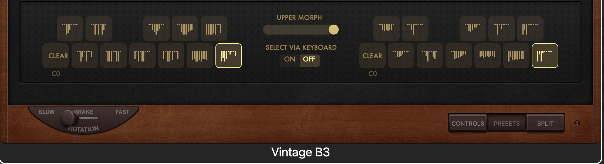 Vintage B3の下の段をPRESETSにした画面。ドローバーの組み合わせのボタンが並んでいる