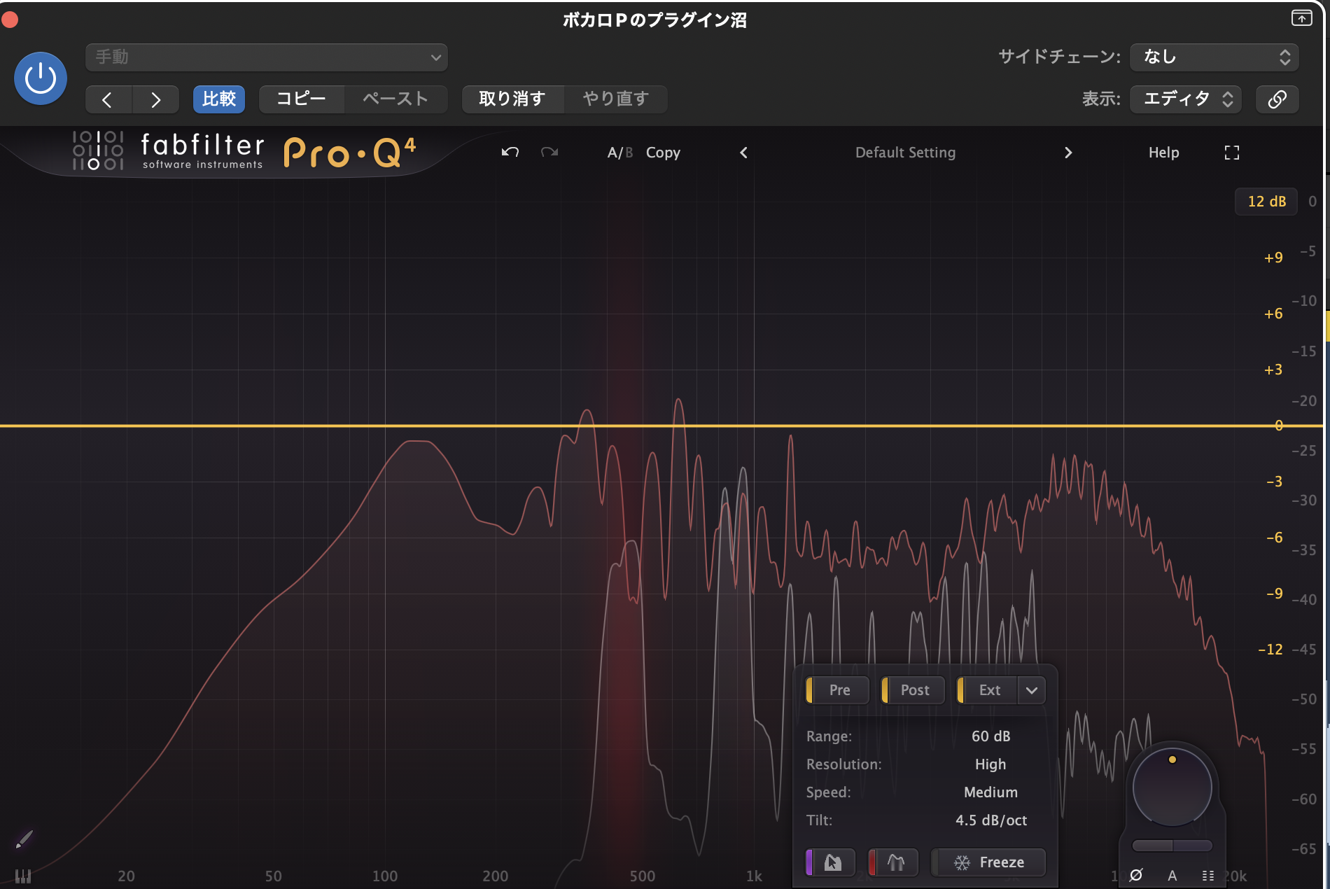 Pro-Q 4のアナライザーの設定。Pre・Post・Extの切り替えと、Resolution（解像度）をHighにした画面