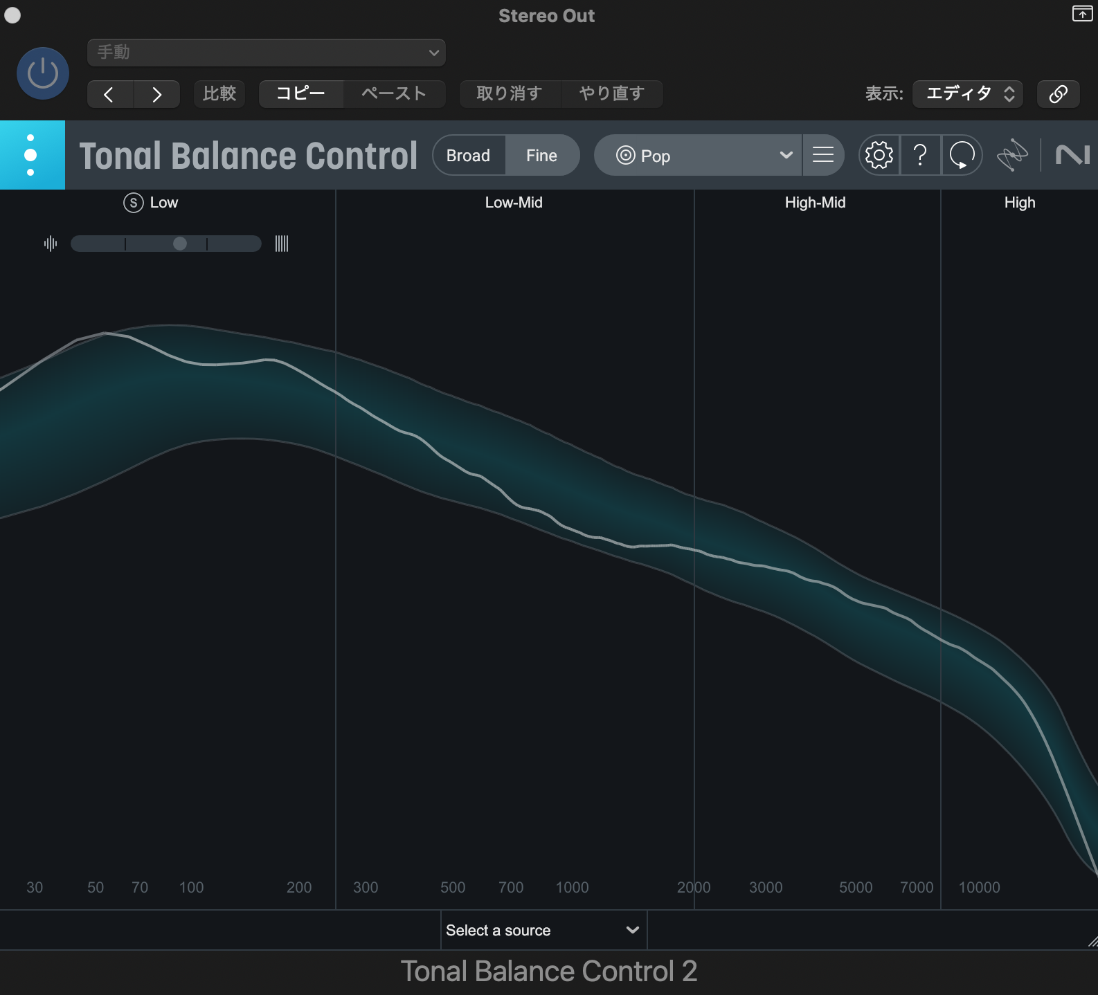 Tonal Balance ControlでOzoneの後の帯域のバランスを確かめている画面
