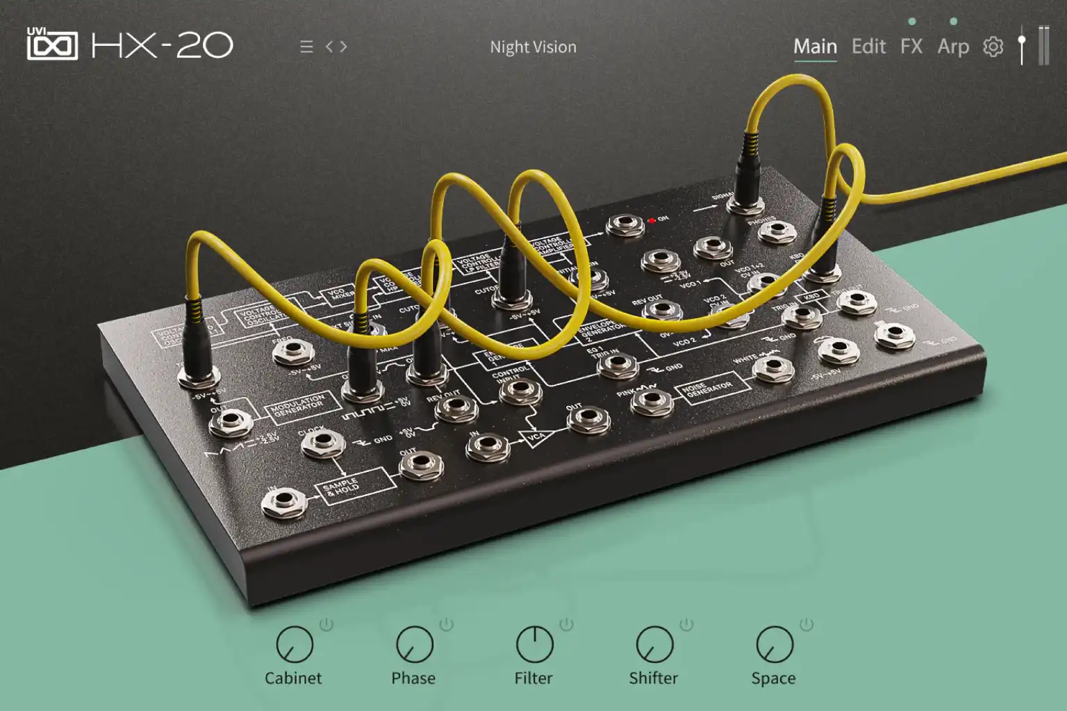 UVI HX-20 の Main 画面。パッチケーブルが刺さったセミモジュラーのパネルと、下に Cabinet・Phase・Filter・Shifter・Space のつまみ（Plugin Boutique の製品画像）