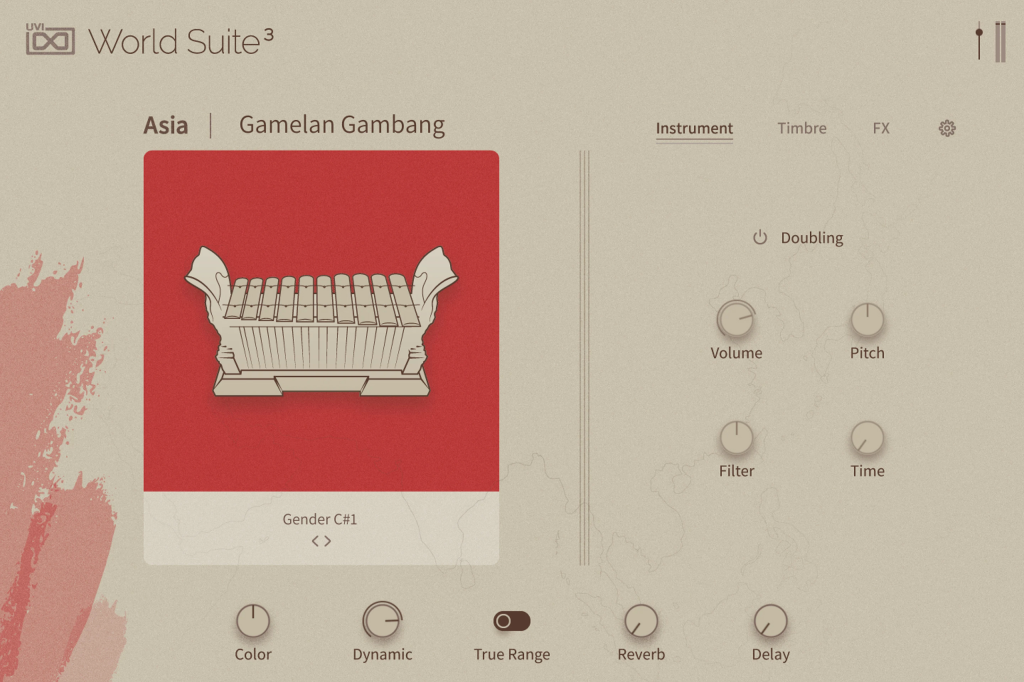 UVI World Suite 3 の画面。Asia の Gamelan Gambang を選び、下に Color・Dynamic・Reverb・Delay のつまみ（UVI 公式の画像）