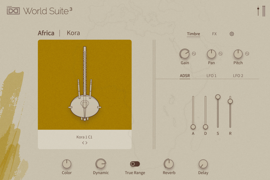 UVI World Suite 3 の画面。Africa の Kora を選び、Gain・Pan・Pitch のつまみと ADSR のフェーダー（UVI 公式の画像）