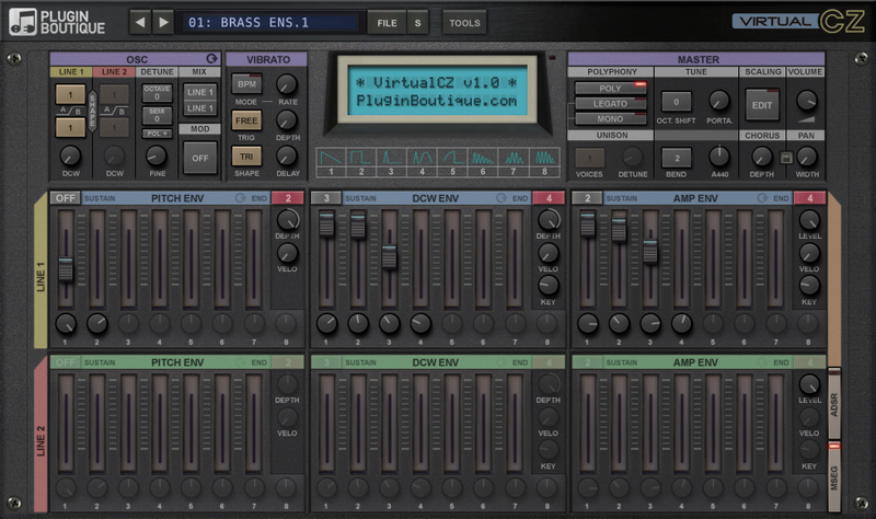 VirtualCZ の画面。上段に OSC・VIBRATO・液晶表示・MASTER、下に LINE 1 と LINE 2 それぞれの PITCH ENV・DCW ENV・AMP ENV が並ぶ(Plugin Boutique の製品画像)
