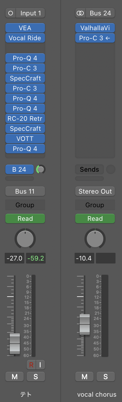 Logicのミキサー。ボーカルのチャンネルからセンド「B 24」でBus 24（vocal chorus）へ送り、返しにValhallaVintageVerbとPro-C 3を挿している