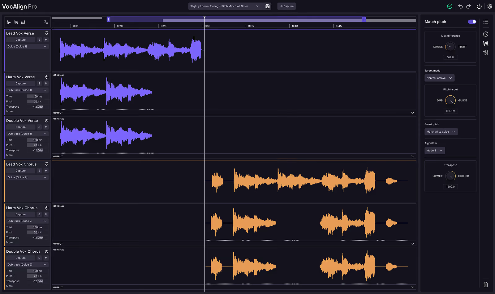 VocAlign 7 Pro の画面。Aメロとサビのメイン・ハモリ・ダブリングが6本並び、右側のMatch pitchの設定にSmart pitchやTransposeが並ぶ(Synchro Arts公式サイトより)