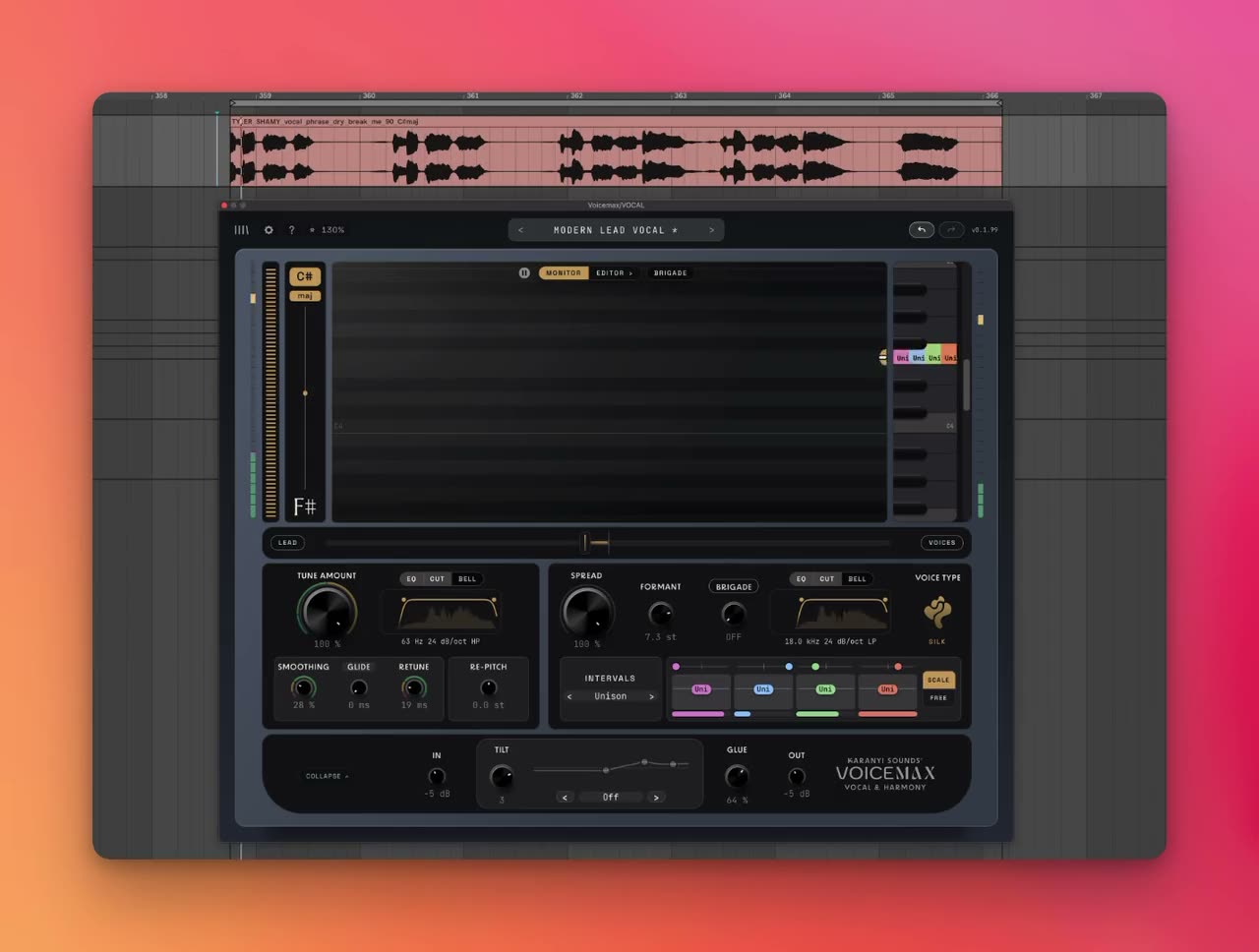 VoicemaxのBRIGADEで、ハモリを大勢の声にする設定(Karanyi Sounds公式の画像)