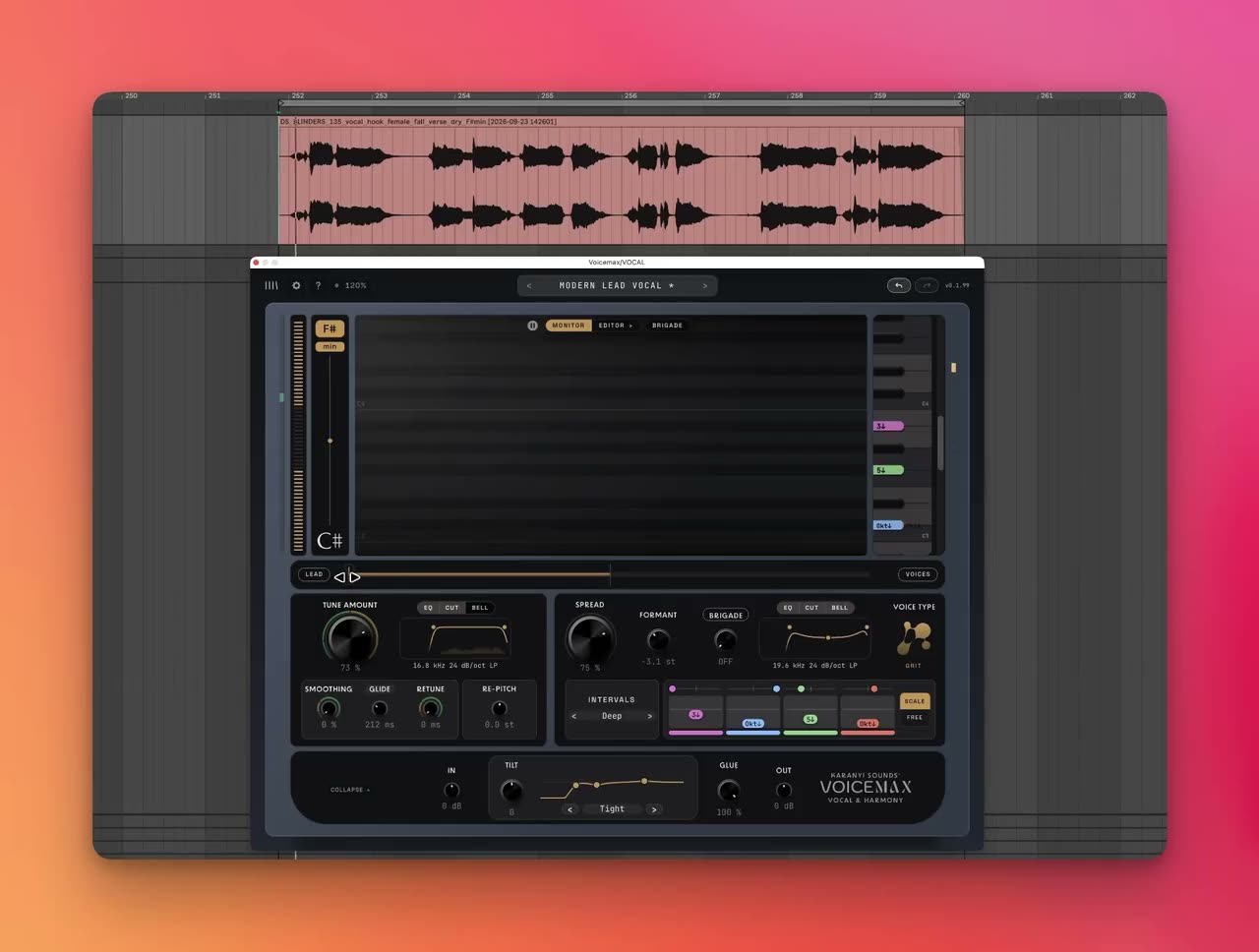 Voicemaxのハモリの設定。INTERVALSのプリセットと4声それぞれの音量(Karanyi Sounds公式の画像)