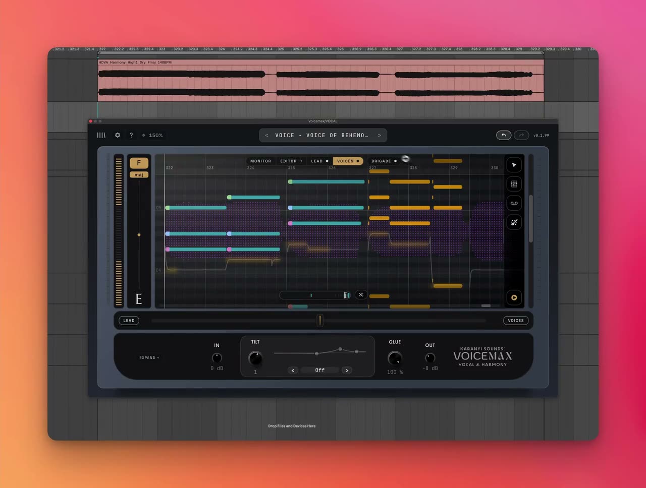 Voicemaxのエディター画面。リードと4声のハモリの音程が色つきの線で並ぶ(Karanyi Sounds公式の画像)